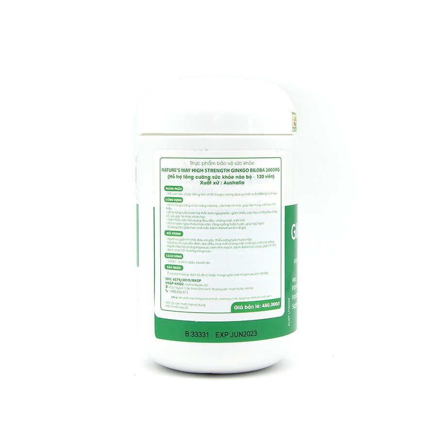 Viên Uống Tuần Hoàn Não Nature's Way High Strength Ginkgo Biloba Tăng Cường Trí Nhớ 2000mg - Hộp 120 viên
