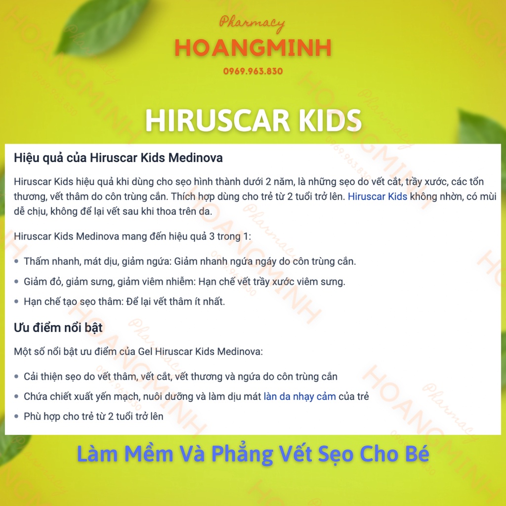 GEL HIRUSCAR KIDS  Cải Thiện Sẹo Do Vết Thâm, Vết Cắt, Vết Thương Và Ngứa Do Côn Trùng Cắn