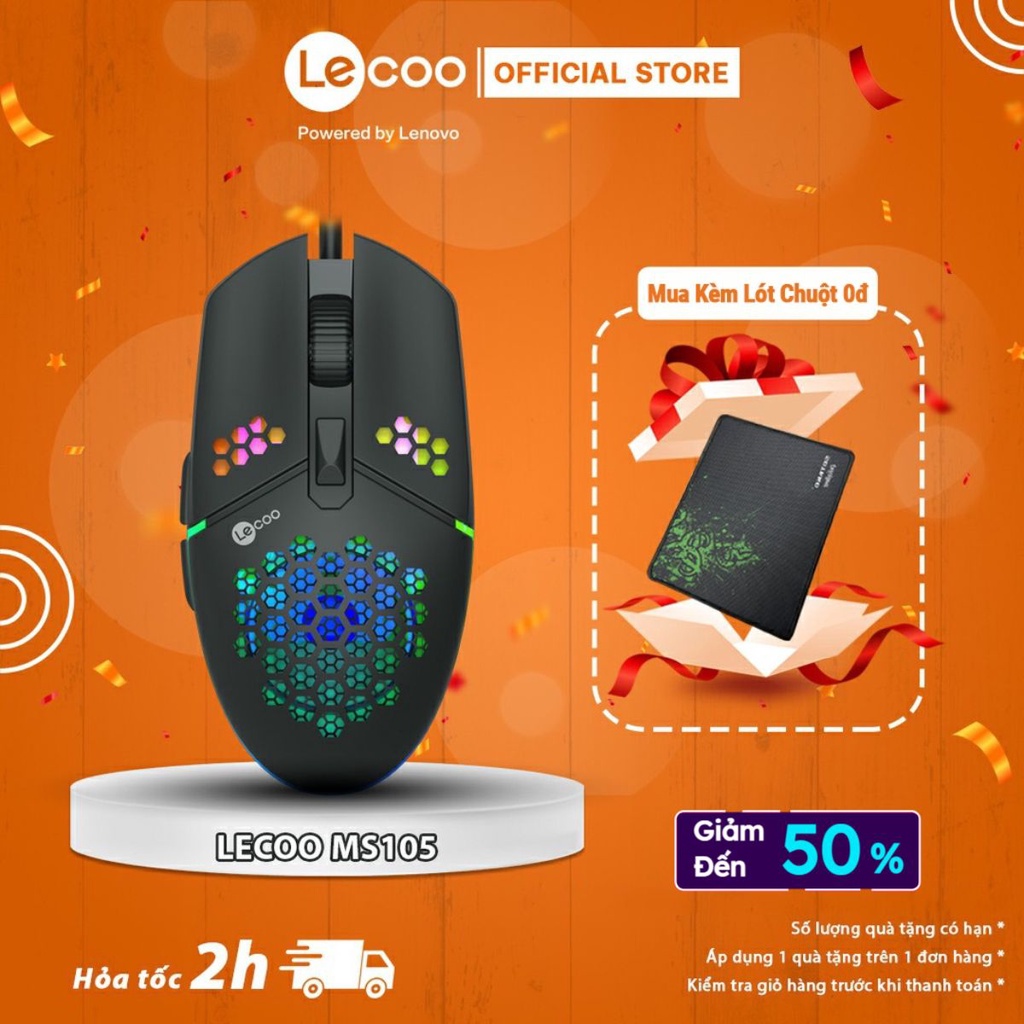 Chuột game có dây Lecoo MS105 tích hợp Led RGB, siêu nhẹ - BH 24 tháng