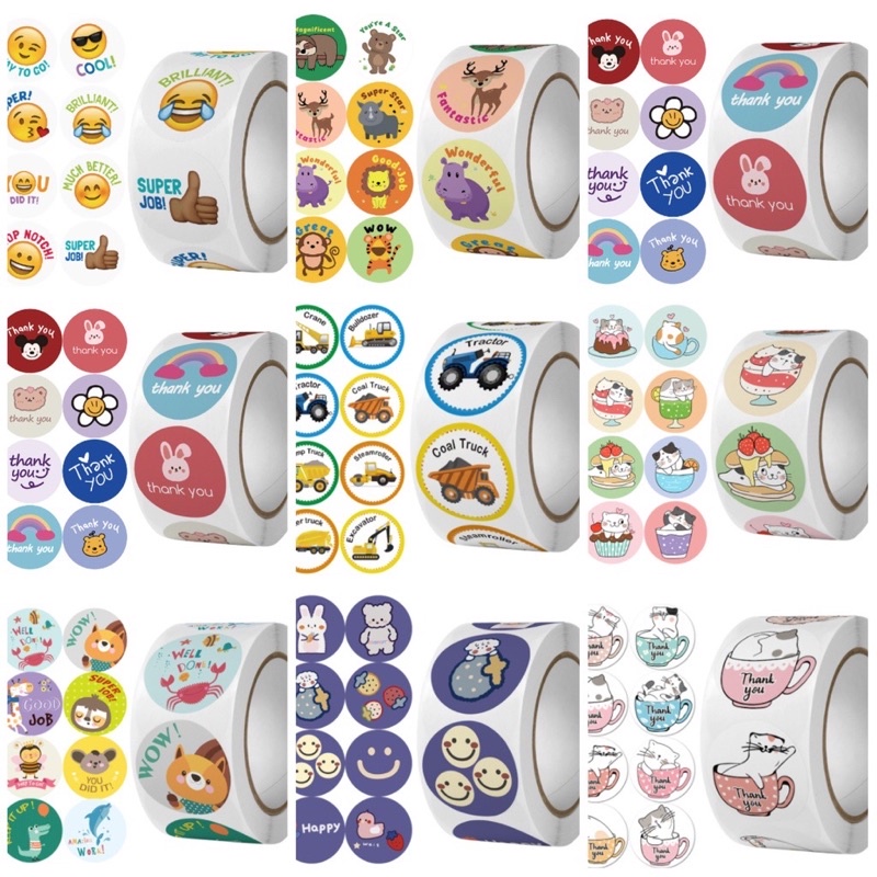 Cuộn 500 tem tròn sticker hoạt hình miếng dán tròn to (8 tem khác nhau /cuộn) dễ thương - ChanBe Store