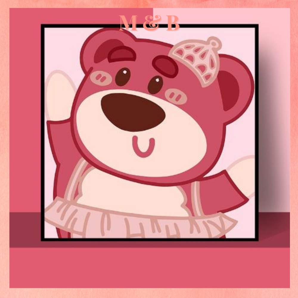 Tranh số hóa 20x20, Tranh Tô Màu gấu Lotso Strawberry bear gấu dâu hồng tặng kèm bộ màu và bút vẽ