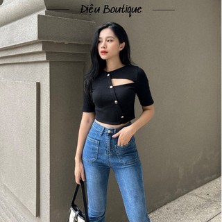 Áo Nữ Kiểu Croptop Màu Đen, Áo Khoét Ngực Tay Ngắn Đính Nút - ĐIỆU BOUTIQUE