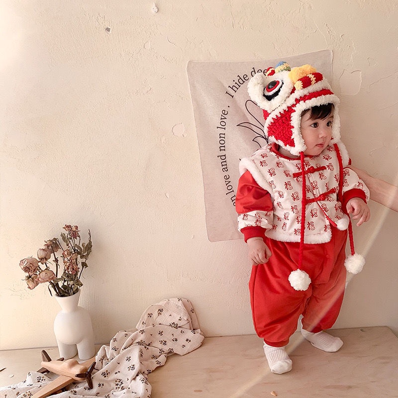 Babyfair. Trung Quốc Năm Mới Bé Áo Liền Quần Cotton Vintage Phối Khóa Lễ Hội Trẻ Sơ Sinh Onesie Với Vest Cho Mùa Đông