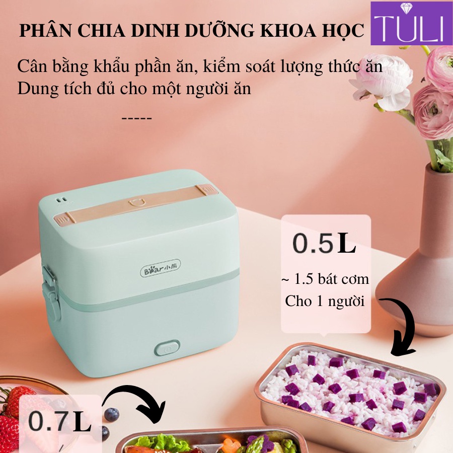 Hộp cơm điện cầm tay mini đa năng thông minh chính hãng 2 tầng Bear DFH-B12E1, giữ nhiệt tốt dùng cho cá nhân, BH 18th