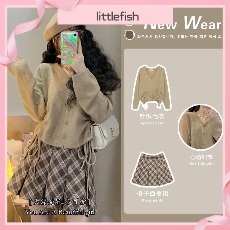 Bộ Áo Khoác Cardigan Dệt Kim Cổ Chữ V Phối Váy Dây Rút Xếp Ly Sọc Ca Rô Phong Cách Retro Nhật Bản Thời Trang Thu Đông Có Size Lớn