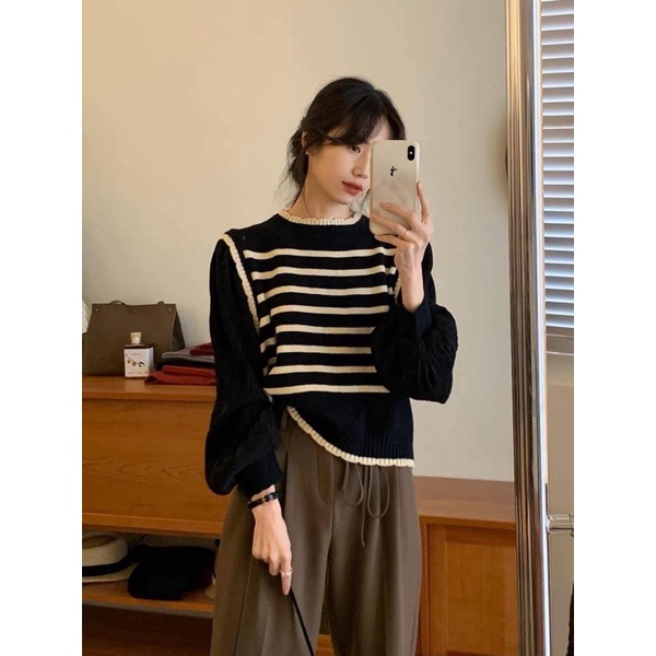 Áo len nữ cổ tròn kẻ phối tay bồng nhún siêu xinh, hàng hot kèm ảnh thật hàng - hàng có sẵn