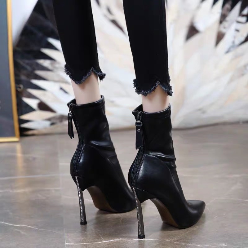 Boot cao gót da cổ thấp lót lông gót mix đá 9p fullbox