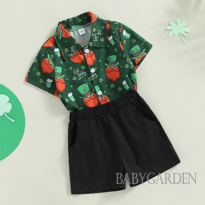 Bộ Áo Sơ Mi Ngắn Tay + Quần Short Lưng Thun Màu Trơn Dễ Thương Cho Bé Trai 1-5 Tuổi