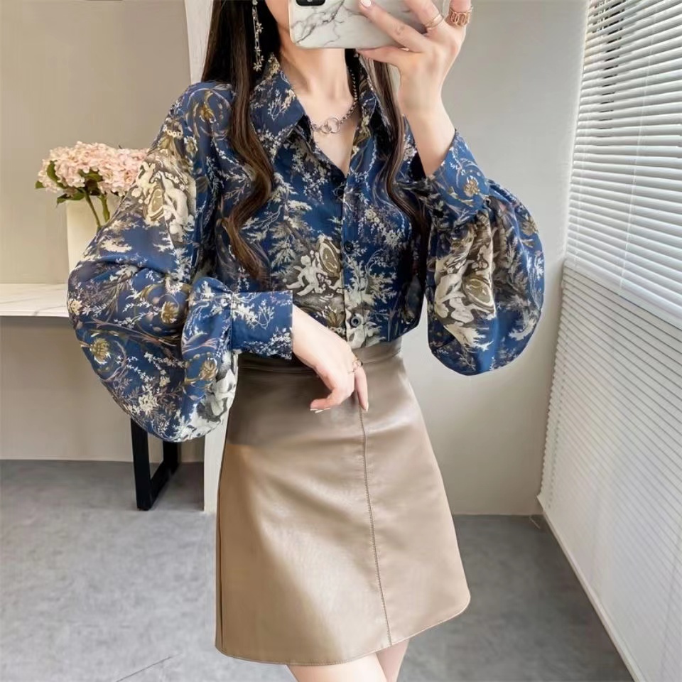 Áo Sơ Mi Chiffon Tay Dài Phồng Dáng Rộng In Họa Tiết Xinh Xắn Thời Trang Mùa Hè Cho Nữ