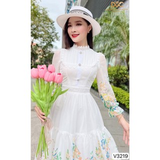 VÁY TRẮNG XÒE DÀI TAY IN HOA V3219-DVC
