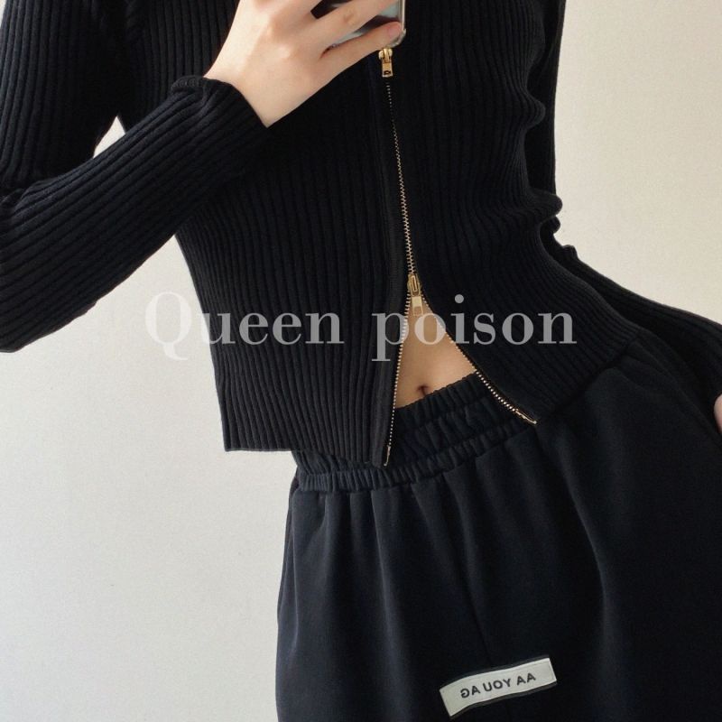 Áo Dệt Kim Tay Dài Dáng Ngắn Phối Hai Khóa Kéo Thời Trang Mùa Xuân 2022 Mới Cho Nữ