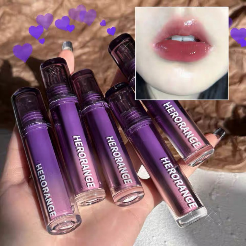 Son kem HERORANGE bền màu mềm môi Purple Mist Cloud Dust Mirror Lip Glaze HERO57