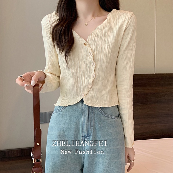 ZHELIHANGFEI Áo Dệt Kim Tay Dài Cổ Chữ V Thiết Kế Độc Đáo Ngọt Ngào