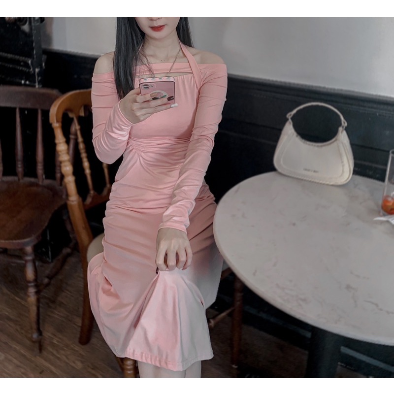 Đầm hồng tay dài dáng suôn hồng phấn