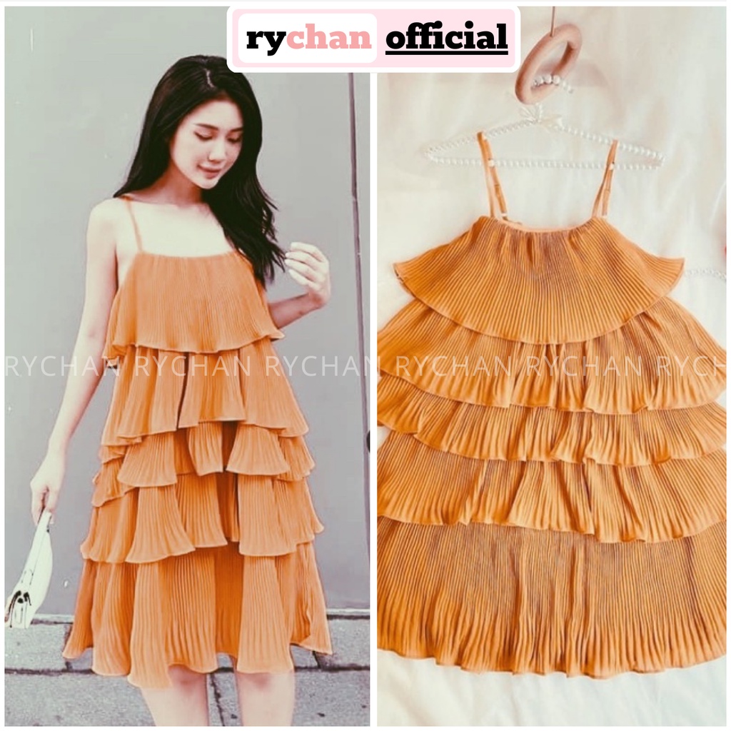 Đầm Nữ Hai Dây Đi Biển Phối Nhiều Tầng Dập Li Sang Chảnh, Váy Nữ Đi Chơi Xinh Xắn Màu Cam - DS546
