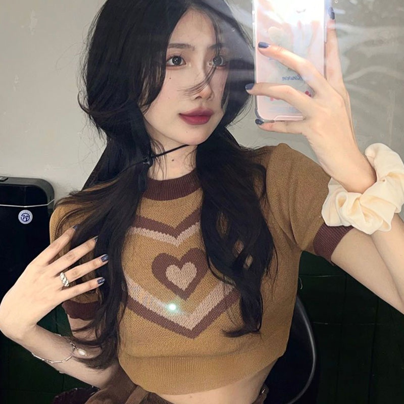 Áo croptop XINLANYASHE dệt kim tay ngắn in họa tiết thời trang Hàn Quốc cho nữ