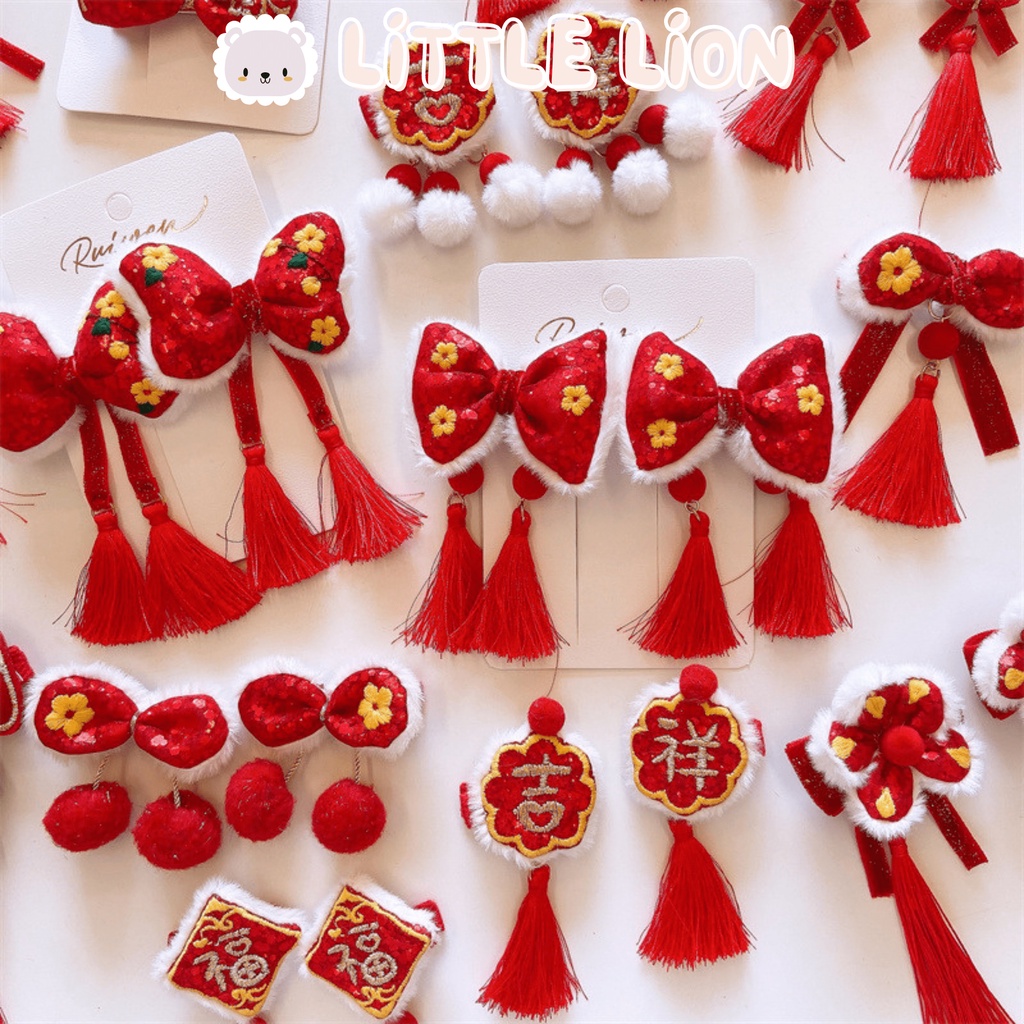 Kẹp Tóc Bông Hoa Màu Đỏ Lấp Lánh Phong Cách Trung Hoa Dễ Thương Cho Bé Gái Dịp Lễ Tết Năm Mới