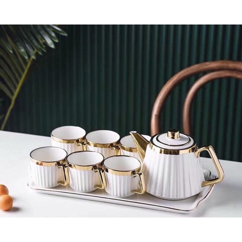 Bộ ấm chén sứ cao cấp SG viền mạ màu vàng trang trí Tết Decor