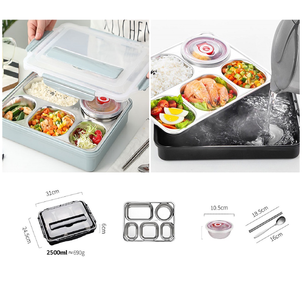 Hộp - Khay cơm Inox 5 ngăn - Có đựng canh