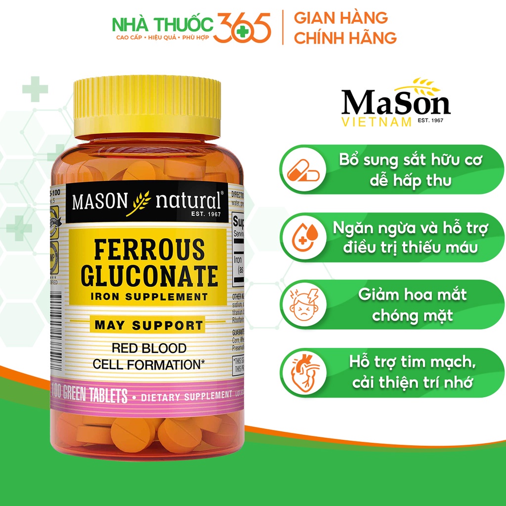 Viên Uống Bổ Máu, Tăng Tế Bào Hồng Cầu Mason Natural Ferrouse Gluconate 100 Viên