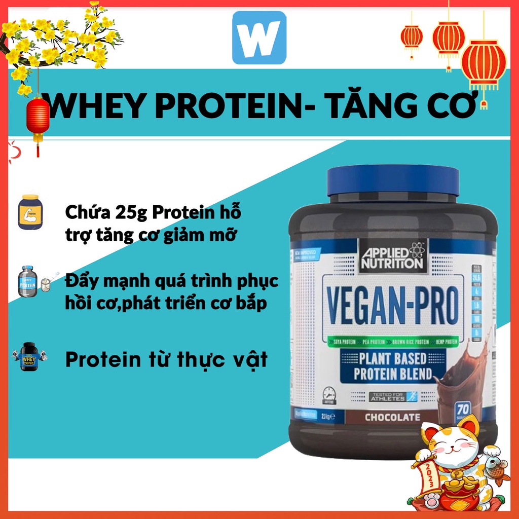 Vegan Pro Sữa Đạm Thực Vật Protein Thực Vật Không Làm Nổi Mụn Giúp Tăng Cơ Applied Vegan Pro 2.1Kg - UK