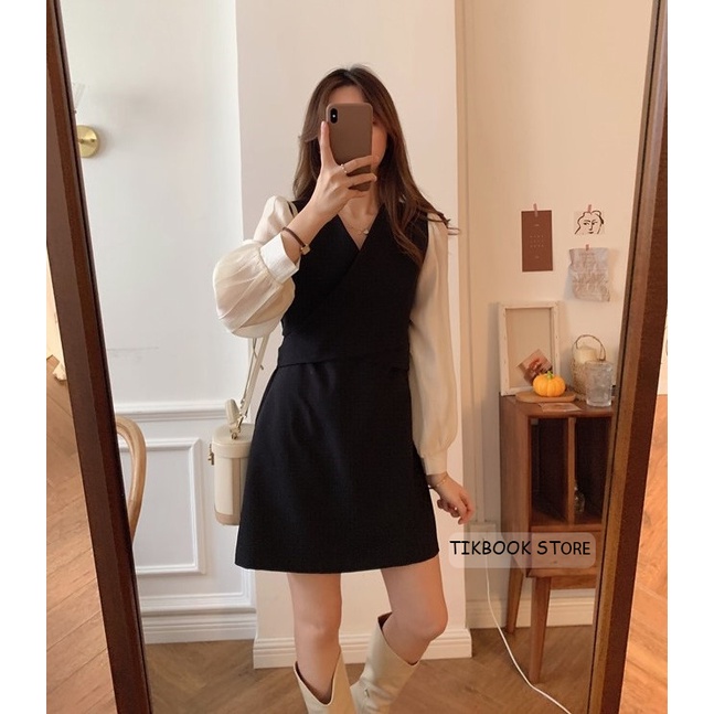 CÓ SẴN- Váy Dài Tay Cổ V mùa thu, Hàng Quảng Châu  - Tikbook Store