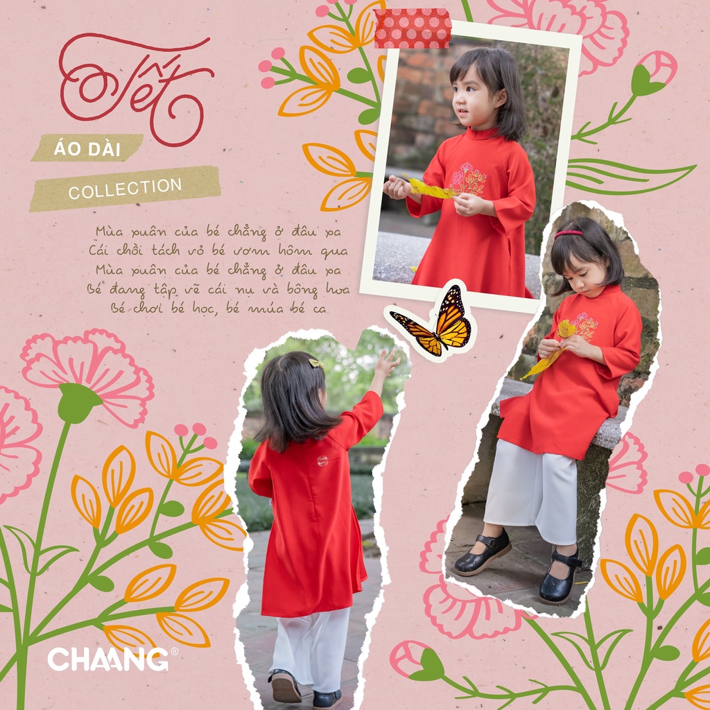 Áo dài tết Chaang lụa tằm năm mới cao cấp bóng mềm mịn chuẩn dáng đẹp thêu hình thấm hút tốt cho bé