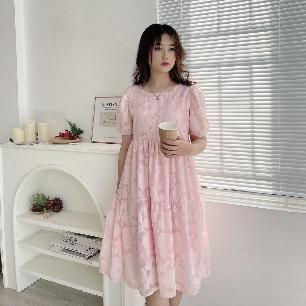 Đầm bầu thiết kế dự tiệc babydoll MISS RITA Đầm bầu mùa hè ren hồng 2 tầng tay bo chun thiết kế bởi Miss Rita