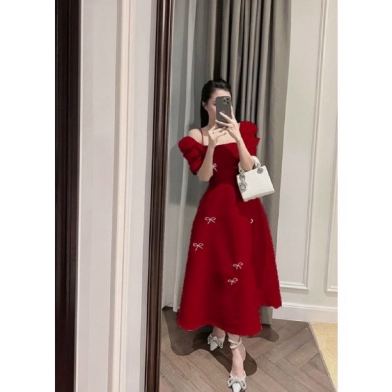 Đầm dự tiệc kèm cài áo nơ đính đá sang trọng thanh lịch Satin Dress