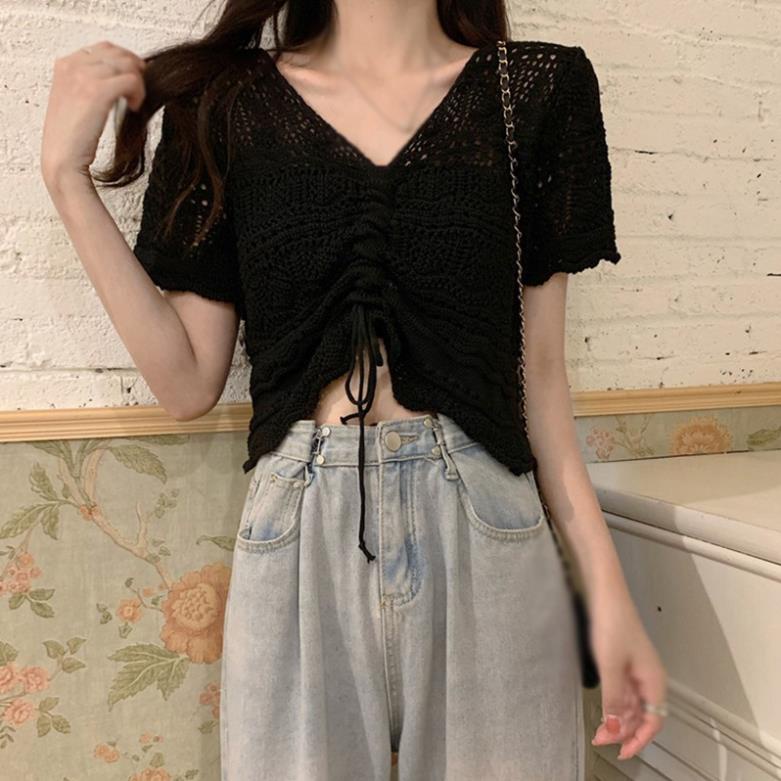 Áo kiểu lưới tay ngắn phối dây rút chống nắng thời trang mùa hè dành cho nữ