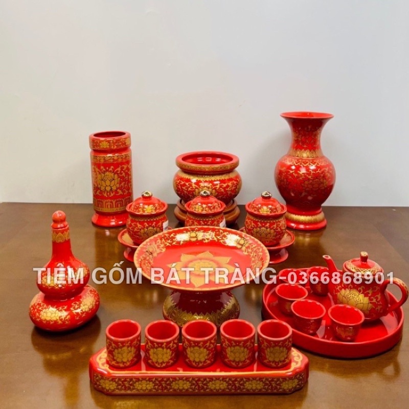 Bộ đồ thờ gấm đỏ cao cấp bộ đồ thờ gia tiên, đồ thờ thần tài gốm sứ cao cấp, bát hương sứ
