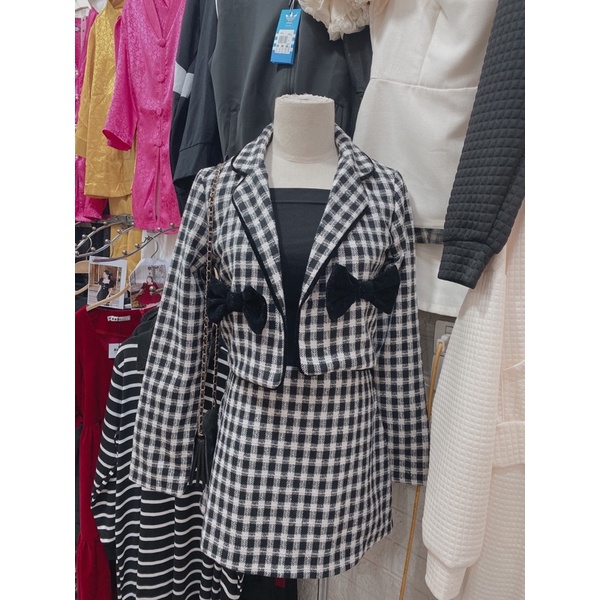 Sét dạ kẻ 2 nơ sang chảnh mặc đi làm, đi chơi đều xinh