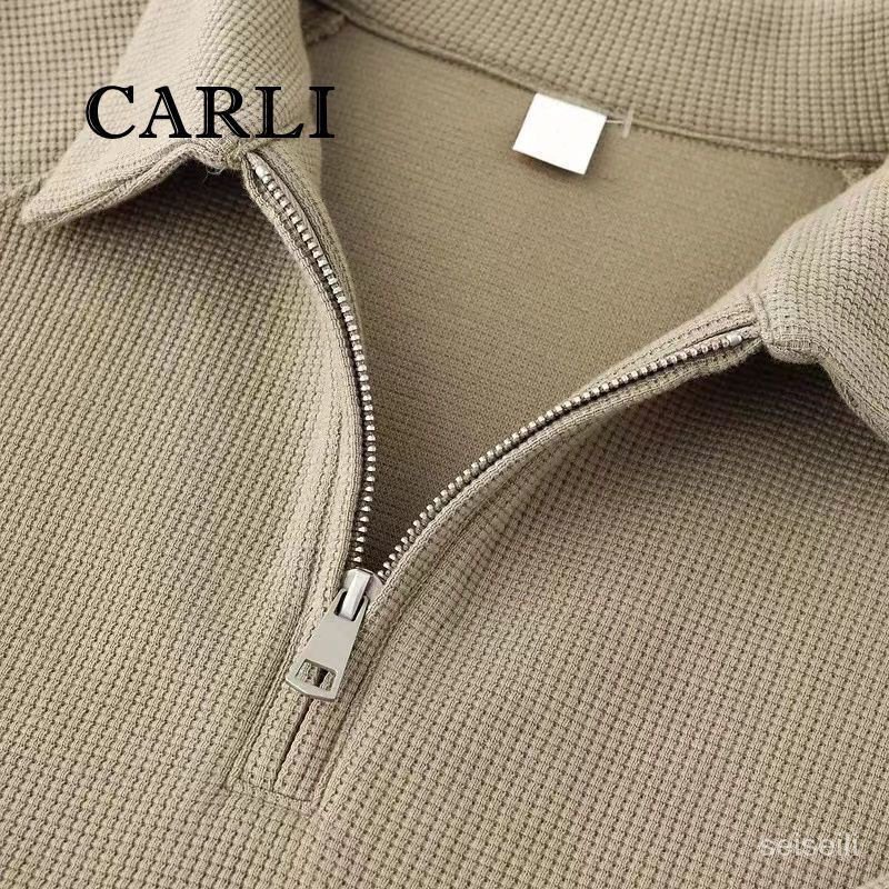 CARLI Áo Thun polo Tay Dài Dáng Rộng Một Nửa Có Khóa Kéo Đơn Giản Phong Cách Mới Mùa Thu Hợp Thời Trang Cho