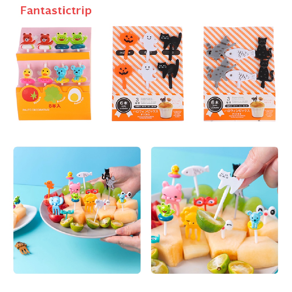 Set 6 / 8 / 10 Nĩa Ăn Trái Cây Hình Hoạt Hình Mini Có Thể Tái Sử Dụng Trang Trí Hộp Đựng