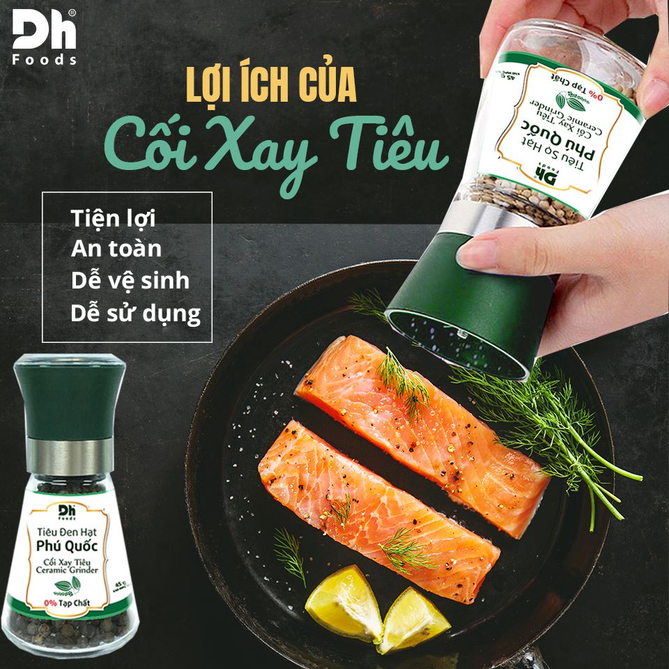 TIêu đen hạt Phú Quốc Dh Foods tiêu đen hũ thủy tinh cối xay ceramic tiện lợi sang trọng 45gr