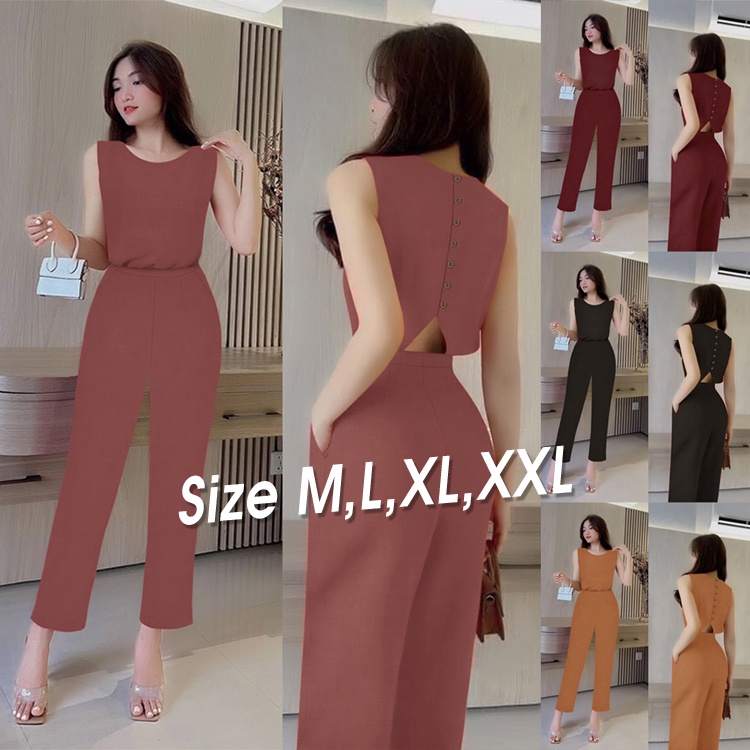Set nguyên bộ quần dài suông, áo cổ thuyền sát nách khoét lưng V phối nút xinh xắn - SET1211