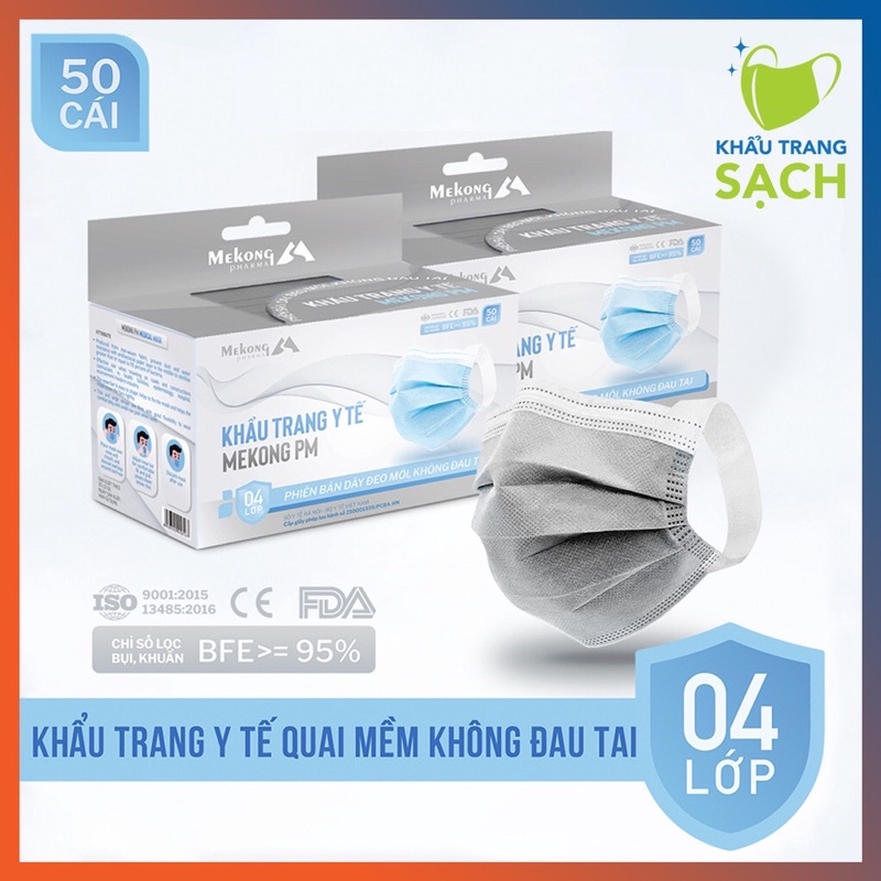 Khẩu trang chuẩn y tế Mekong pharma 4 lớp mềm mịn quai bản to không đau tai không bí thở hộp 50 chiếc cao cấp