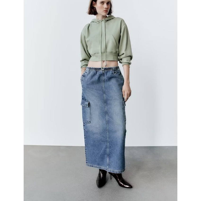 Zara Chân Chân Váy denim Lưng Cao Thời Trang Mùa Thu Dành Cho Nữ 8197200