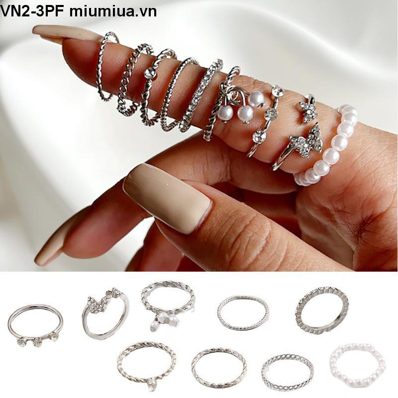 Set 9 nhẫn bạc ngọc trai pha lê thanh lịch Bộ nhẫn mỏng rỗng cho nữ phụ kiện trang sức