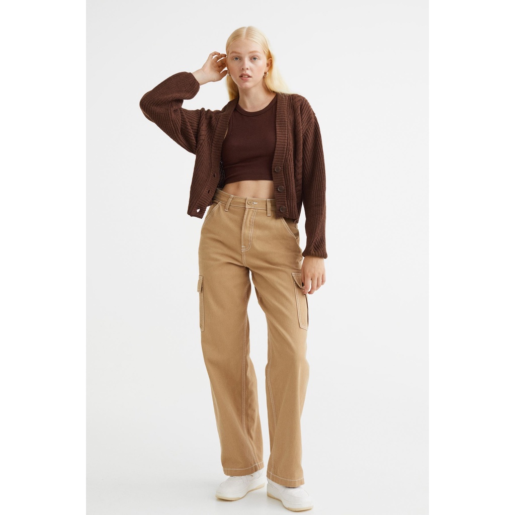 H&M Đức - Áo khoác cardigan len dày tay phồng vặn thừng nút trắng nâu tím sale auth cao cấp chính hãng có sẵn 1080845002