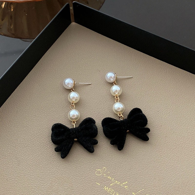 Bông Tai Đính Nơ Nhung Đen Phong Cách Vintage Thanh Lịch