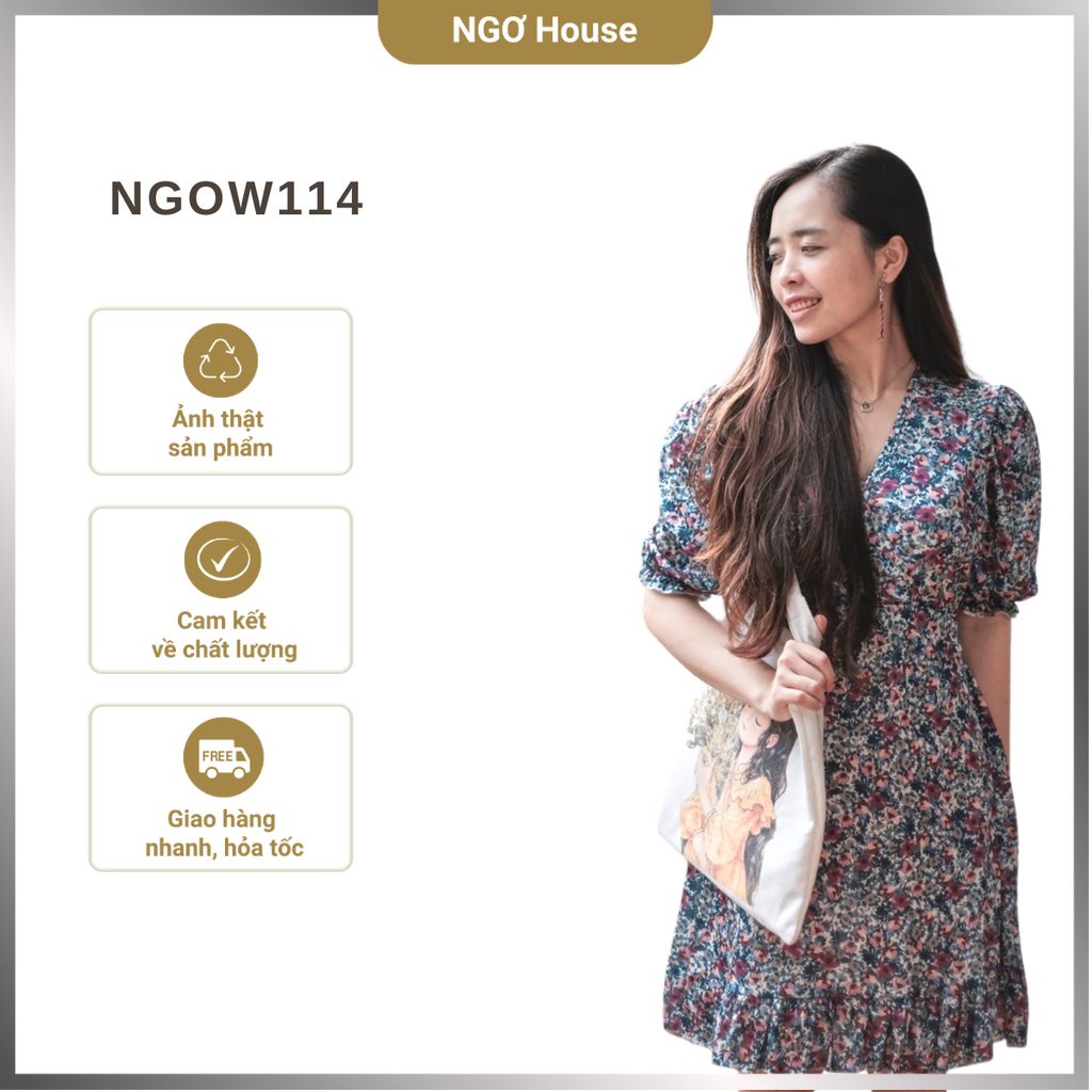 Đầm hoa tay ngắn cổ V xinh xắn thiết kế mới nhà NGƠ