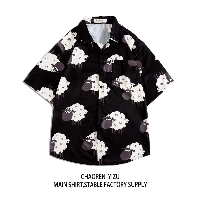 Áo Sơ Mi Tay Ngắn Dáng Rộng In Họa Tiết Cừu Hoạt Hình Phong Cách Hawaii Thời Trang Mùa Hè Hàn Quốc 2022 Cho Nam
