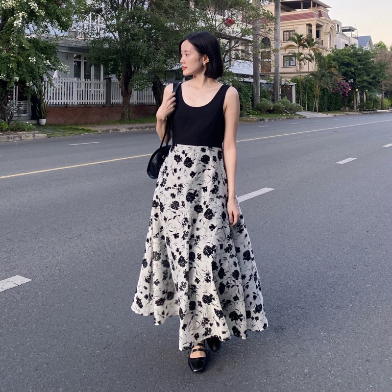JOY - Đầm chiết eo phối voan hoa - osu