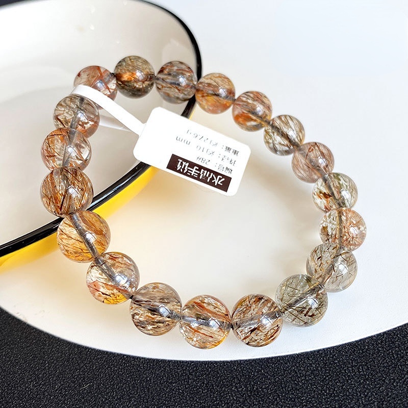 Ice Yingge Vòng Tay Pha Lê Tự Nhiên Màu Vàng Đen Siêu Bảy Hạt Mica Hai Đầu Hình Xương Cá