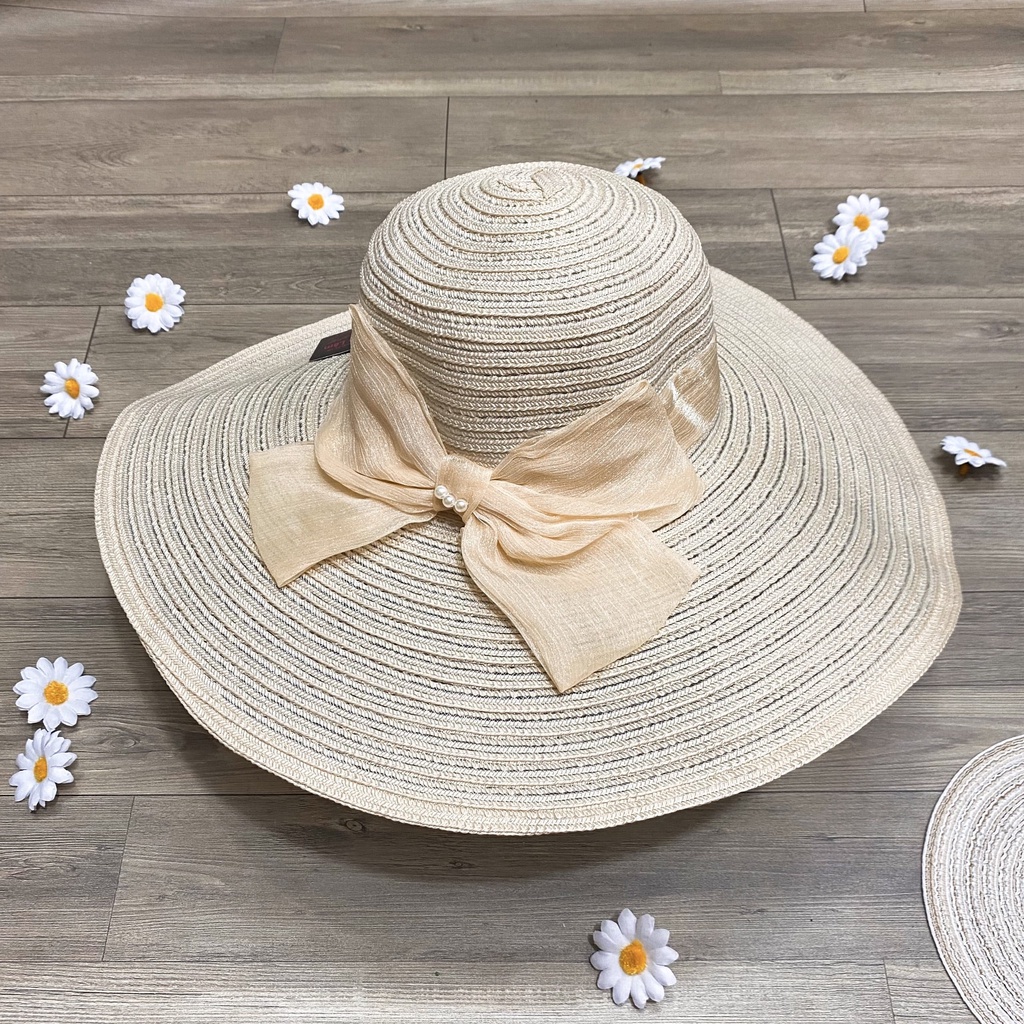 Nón mũ cói đi biển vành rộng phối nơ voan đính ngọc nhiều màu cực đẹp - NN8
