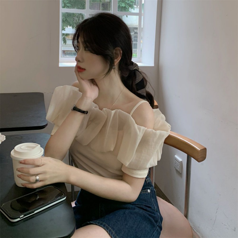 Áo dây áo bẹt vai áo trễ vai Áo Chiffon Trễ Vai Nhún Bèo Dáng Ngắn Thời Trang Cho Nữ