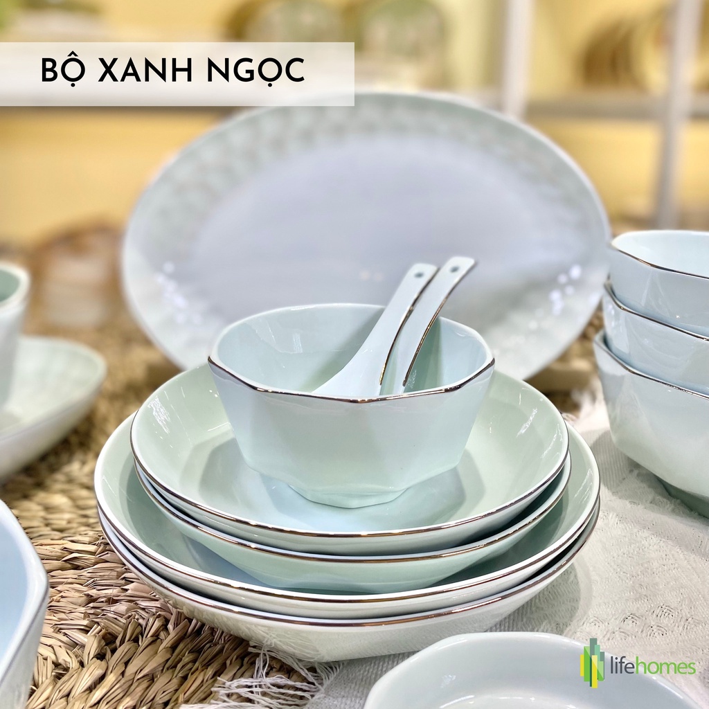 Bộ bát đĩa gốm sứ Xanh Ngọc đa cạnh Lifehomes Decor , Set chén tô ăn cơm cao cấp phong cách Châu Âu
