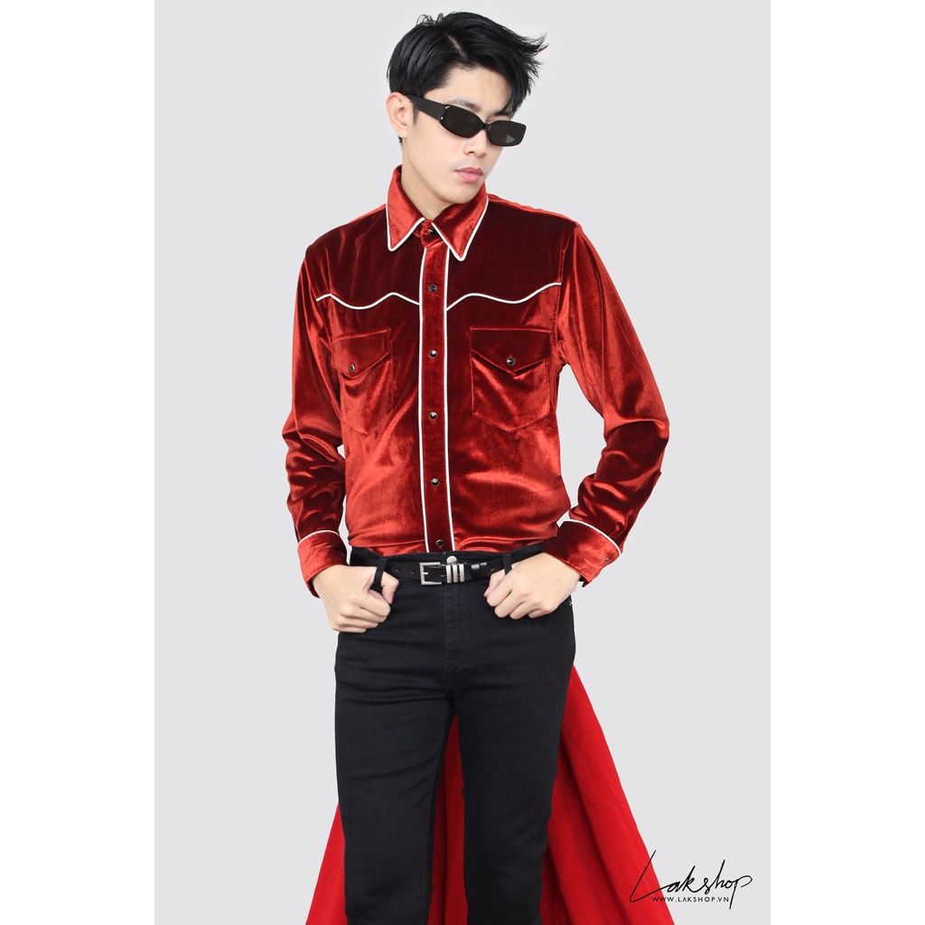 Áo sơmi nhung đỏ Lak Studios Black Velvet Western Shirt