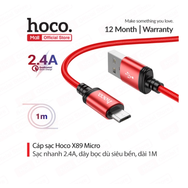 Cáp sạc nhanh Micro Hoco X89, hỗ trợ truyền dữ liệu, sạc nhanh 2A, dành cho Android phone, dài 1m (Màu ĐỎ)